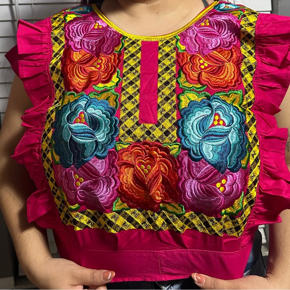 Vibrant Embroidered Floral Mexican Blouse in Hot Pink & Yellow